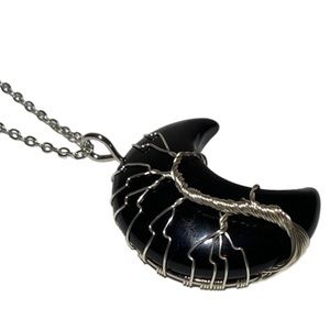Black Onyx Moon Shaped Gemstone Wire Wrapped Tree Of Life Pendant Necklace